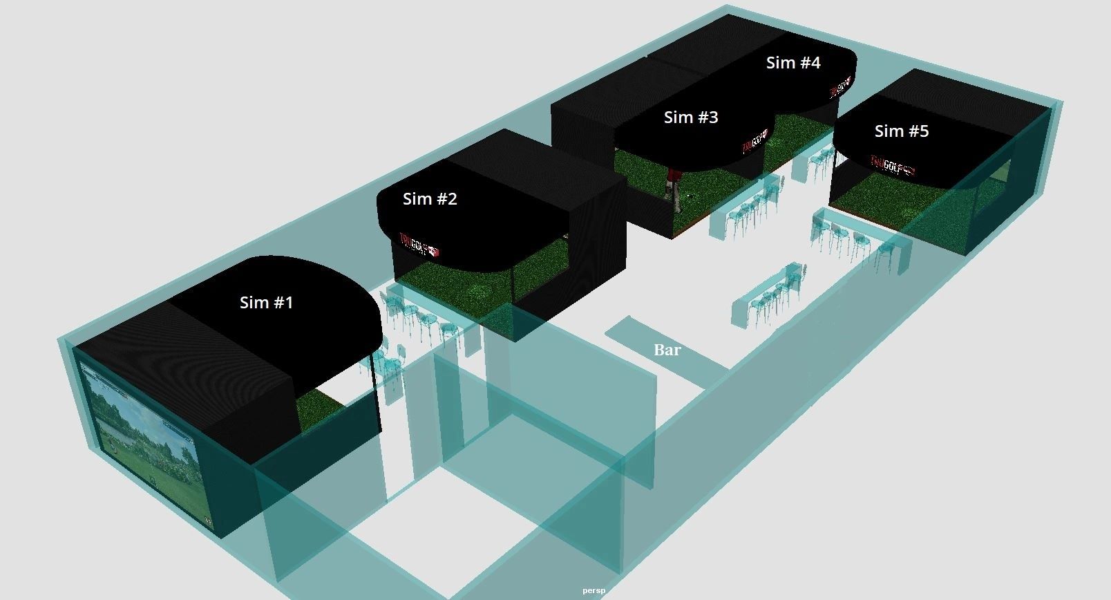 Fore Seasons Indoor Golf Centre floor plan — 5 simulator bays and bar area